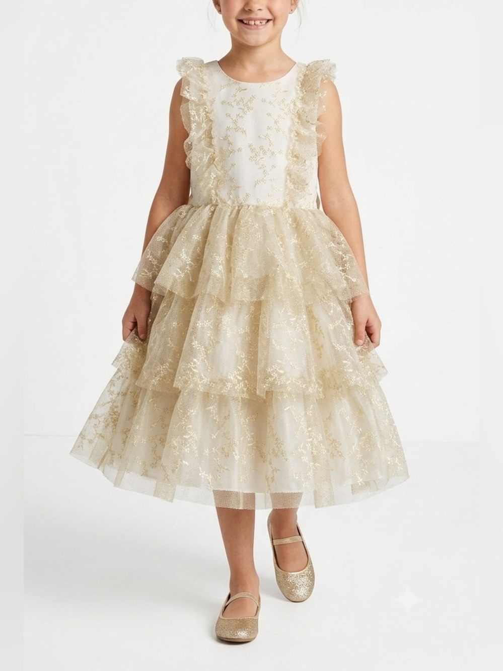 wonder nation Girls' Metallic Gold Ruffle Tiered Tulle Dress